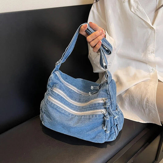 Grey Korean Fashion Denim Casual Crossbody Bag For Women